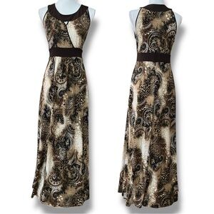 Susan Lawrence Brown and Black Filigree Sleeveless Sheath Maxi Dress